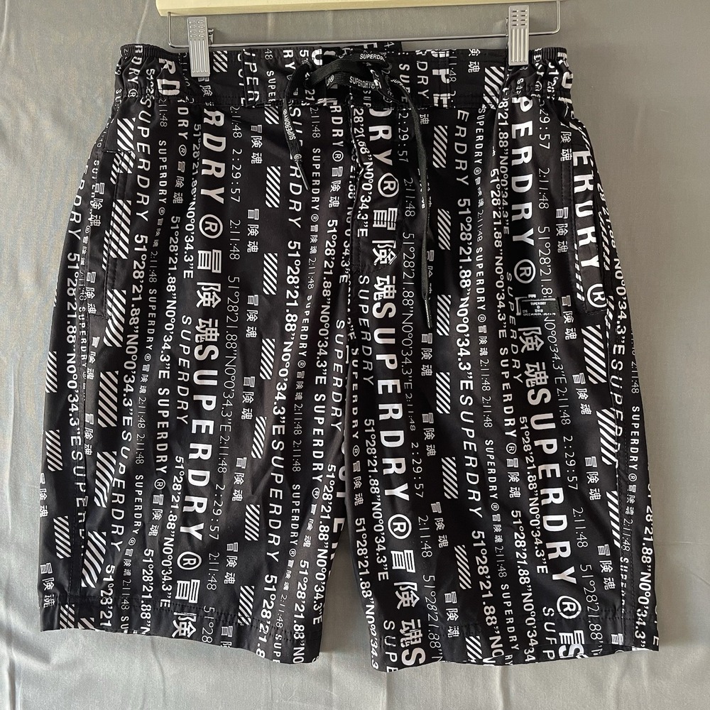 Superdry Shorts Men's Small Black White Swim Beach Pool Trunks Summer Board